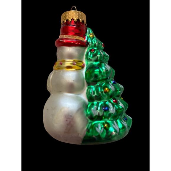 Vintage Blown Glass Snowman next to Christmas Tree Ornament 4” - Picture 2 of 9